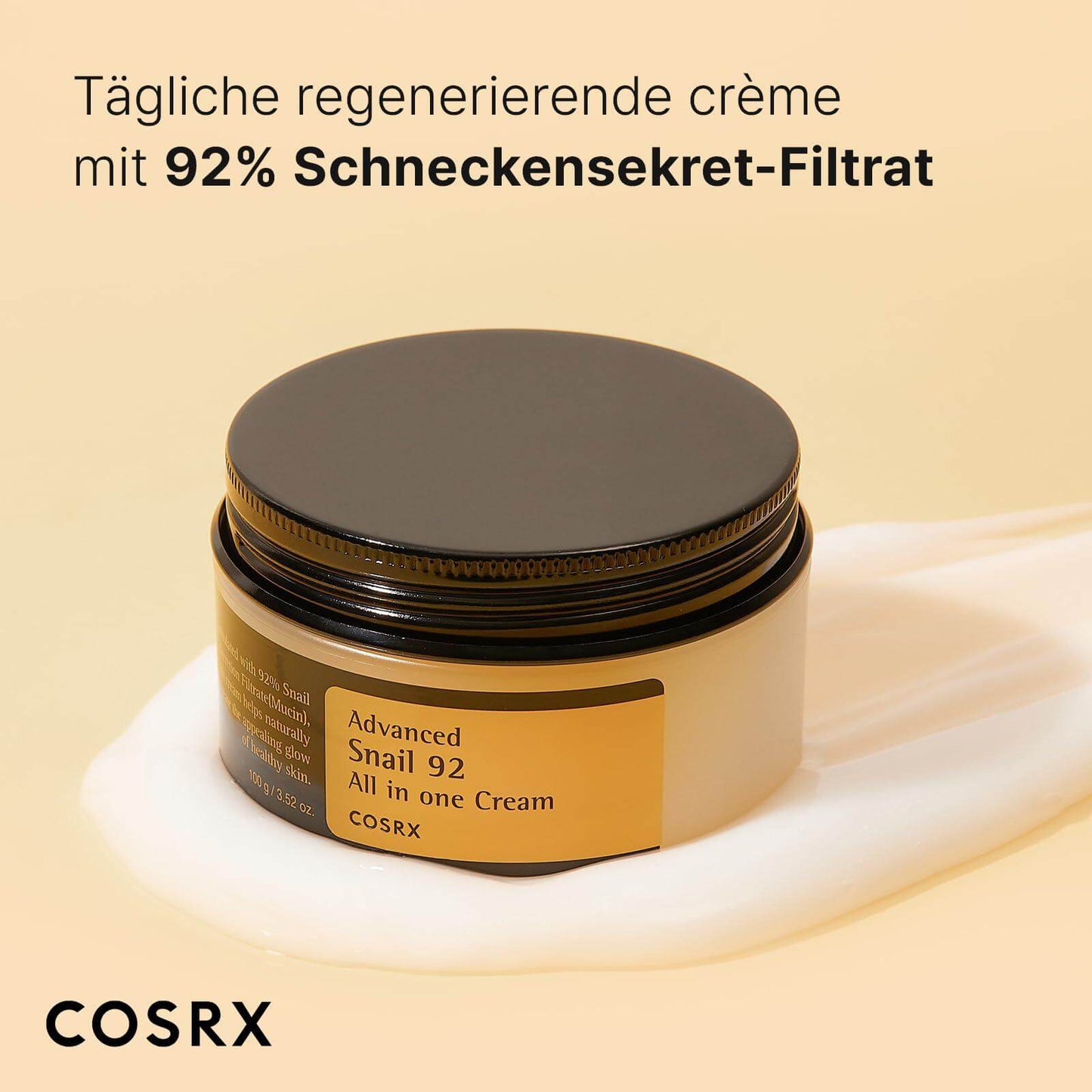 COSRX Advanced Snail 92 Creme mit 92% Schneckenschleimfiltrat und Hyaluronsäure für intensive Feuchtigkeit.